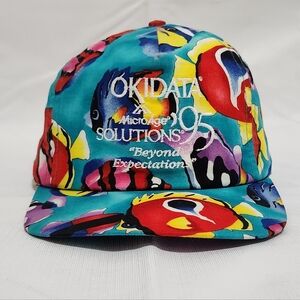 Vintage Okidata Micro Age Solutions '95 All Over Fish Print Strapback Dad Cap